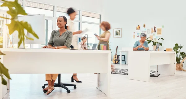 stock image Happy, coworking speed and a busy office of women for business, corporate career and staff. Smile, diversity and a fast group of employees in the workplace with motion at a company in the workforce.