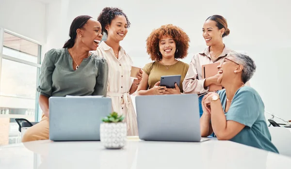Laughing, teamwork or women talking for fashion design planning or online draft for small business clothing line. Happy people, collaboration or designer speaking to funny mature mentor in internship.