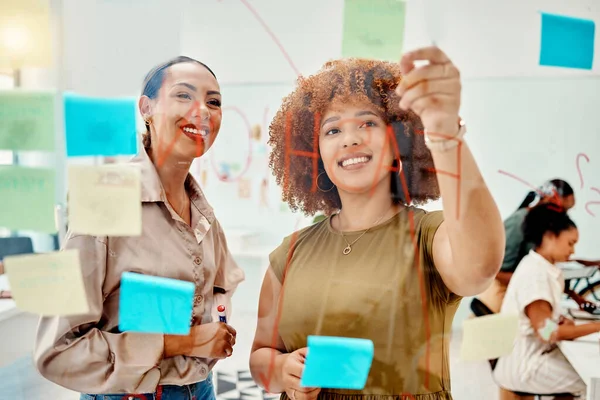 Mujeres Creativas Planificación Trabajo Equipo Nota Adhesiva Reunión Con Objetivos — Foto de Stock