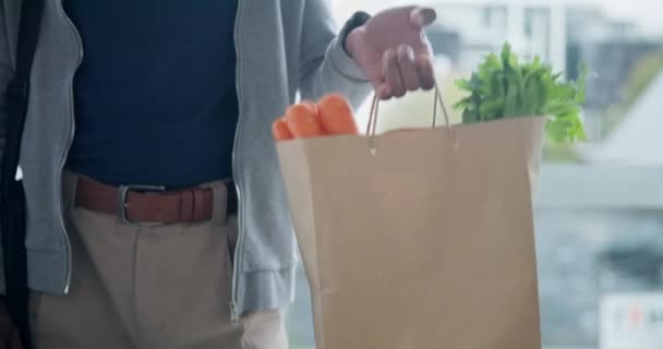 Lieferung Lebensmittel Und Tüten Mit Einem Mann Kurier Der Haustür — Stockvideo