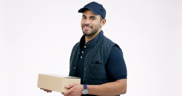 Счастливый Человек Коробка Доставка Логистике Цепочке Поставок Электронной Коммерции Сером — стоковое видео