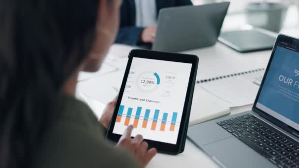タブレット 分析のためのチャート 財務レビューとスクロールと計画 保険代理店での統計と予算 グラフ ビッグデータ 監査のための女性 デジタルタッチスクリーンIとフィンテックアプリ — ストック動画