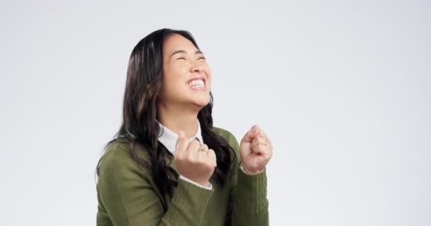 Winner Fist Pump Asian Woman White Background Wow Celebration Success — Stock Video