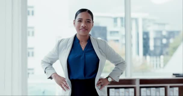Mutlu Gülümseyen Ofisteki Kadınının Yüzüne Güven Başarı Kurumsal Kariyer Gurur — Stok video