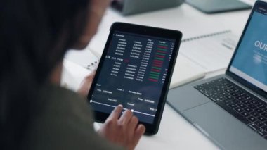 Elleri, tableti ve kadın borsa incelemesi, fintech app ux ve veri analizi yatırım, büyüme ve bilgi için. Yatırımcı, finans uzmanı ve dijital dokunmatik ekran, ekonomi ve ticaret yazılımı.