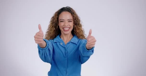 Thumbs Face Woman Studio Smile Winning Achievement Success White Background — Stock Video