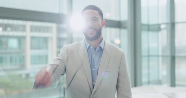 Gezichtsbril Advocaat Man Het Kantoor Lens Flare Glimlach Corporate Bedrijf — Stockvideo
