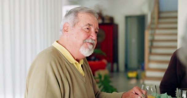 Senior Man Family Talking Dinner Table Eating Conversation Home Elderly — Stock Video