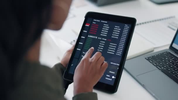 Manos Tableta Mujer Con Comercio Bursátil Aplicación Fintech Análisis Datos — Vídeo de stock