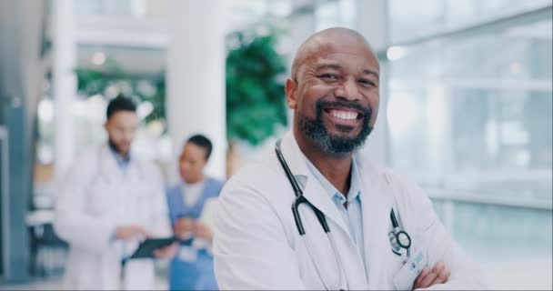 成熟した黒人男性 腕が交差し 肖像画 健康を笑顔で 自信を持ってクリニックで外科医 男性医師 医療専門家 心臓専門家 ヘルスケア 幸せなプロフェッショナル — ストック動画