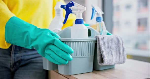 清洁剂 手和人与一篮子化学品清洁用品 卫生和手套与产品一起消毒 招待费 服务和看门人的家政服务 家务活和洗涤剂 — 图库视频影像