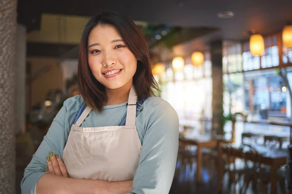 Retrato Mujer Asiática Feliz Empresario Restaurante Pequeña Empresa Con Los —  Fotos de Stock