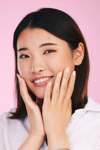 Face Skincare Woman Manicure Hands Studio Isolated Pink Background Portrait — Stock Photo, Image