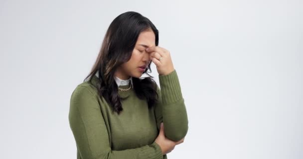 Baş Ağrısı Stres Kadın Stüdyoda Endişe Yorgunluk Meydan Okuma Için — Stok video