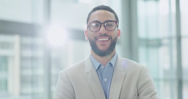 Gesichtsbrille Anwalt Und Lustiger Mann Büro Brillengläser Und Lächeln Arbeitsplatz — Stockvideo