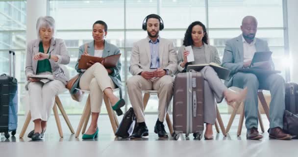 空港待合室 ビジネスの人々は スケジュール予約 飛行機のアジェンダ ロビーでの忍耐を読んでいます 航空機 荷物のスーツケース 輸送の出発のための専門のグループの列 — ストック動画