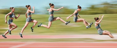 Spor, uzun atlama ve kadınlar spor, antrenman ve antrenman için stadyumda yarış pistinde. Fitness, hızlı ve bayan atlet hareket bulanıklığı ile mücadele, rekabet ve zıplama.