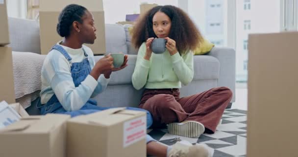 Kávé Költözés Leszbikus Pár Otthonban Pihenés Szünetben Megbeszélés Jövőbeli Befektetésekről — Stock videók