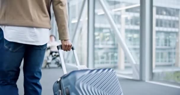 在机场走来走去 背对着行李 到航空公司大堂去旅行 度假或度假 在航站楼 移民旅行或国际机票旅行中的包厢 人员及后备箱 — 图库视频影像