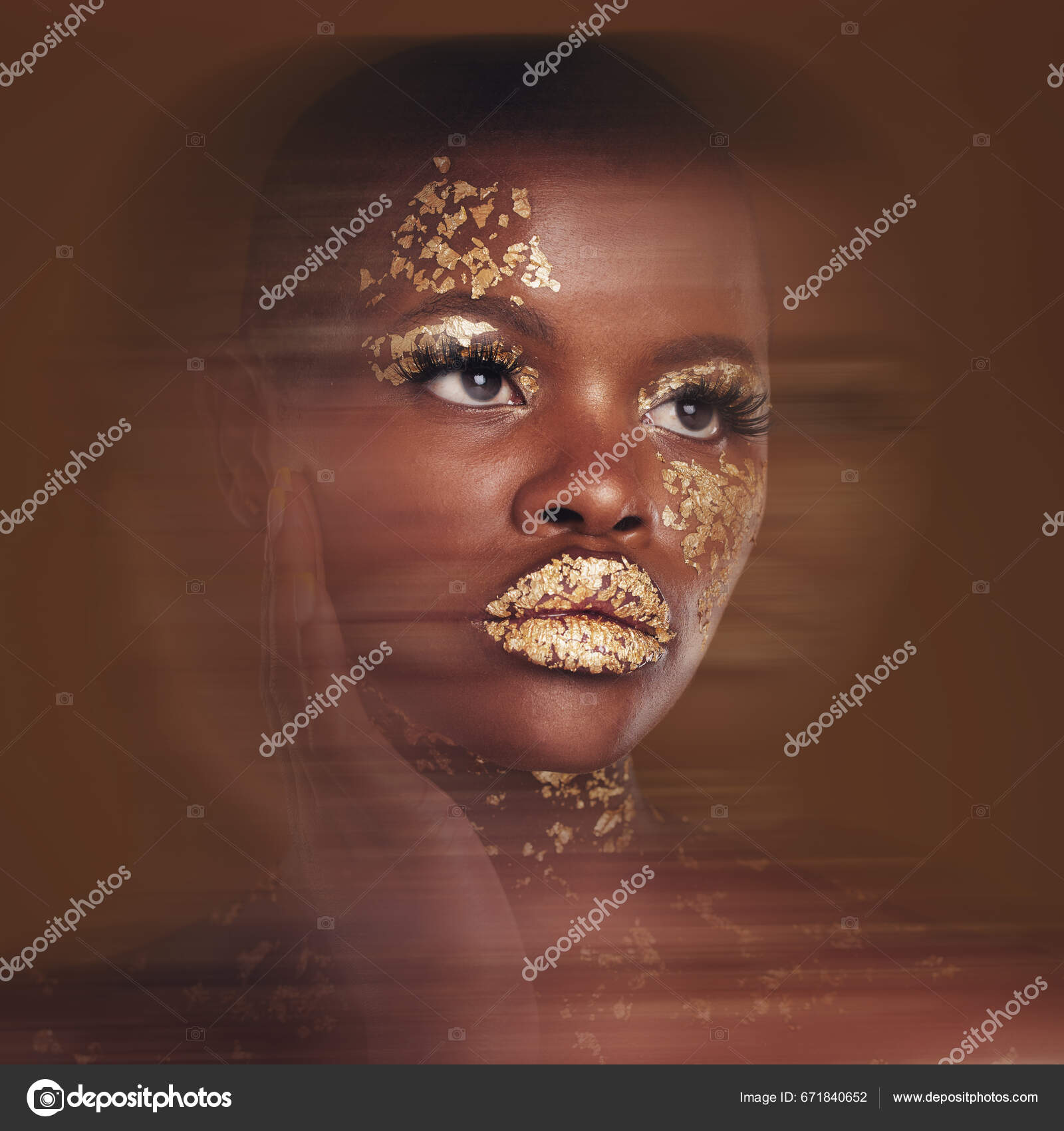 Art, beauty and black woman with gold makeup on brown background
