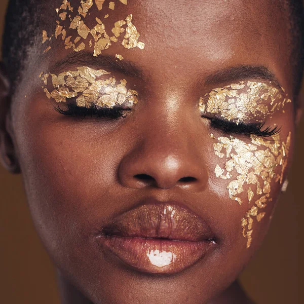 Gold Glitter Flake Black Woman Beauty Makeup Luxury Studio Sparkle