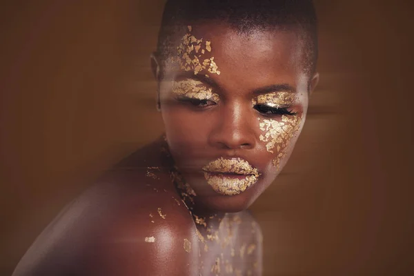 Cosmetics Portrait Black Woman Gold Makeup Brown Background Glitter Paint  Stock Photo by ©PeopleImages.com 671840874