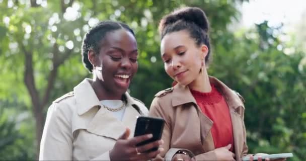 Pessoas Negócios Sorrisos Mulheres Parque Smartphone Mídias Sociais Com Conexão — Vídeo de Stock
