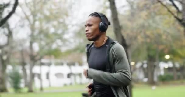 Treino Corrida Música Com Homem Negro Parque Para Fitness Streaming — Vídeo de Stock