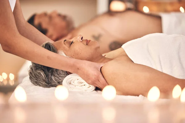 Relax, massage and wellness with old couple in spa for vacation, luxury and beauty salon. Peace, zen and holiday with senior woman and hands in hotel villa for retirement, oil treatment and body care.