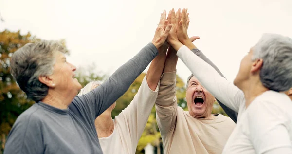 High five, support and a group of senior friends together in a park for motivation, success or celebration. Team building, partnership and community with elderly people bonding outdoor in a garden.