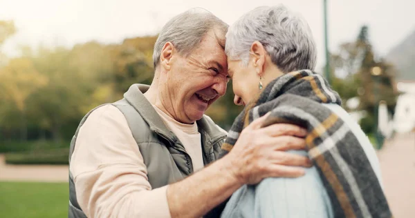 Öpücük Alın Parkta Romantik Bir Bağ Kuran Mutlu Konuşkan Yaşlı — Stok fotoğraf