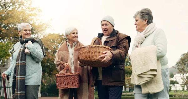 Caminhada Piquenique Amigos Seniores Parque Juntos Para Ligação Conversa Durante — Fotografia de Stock