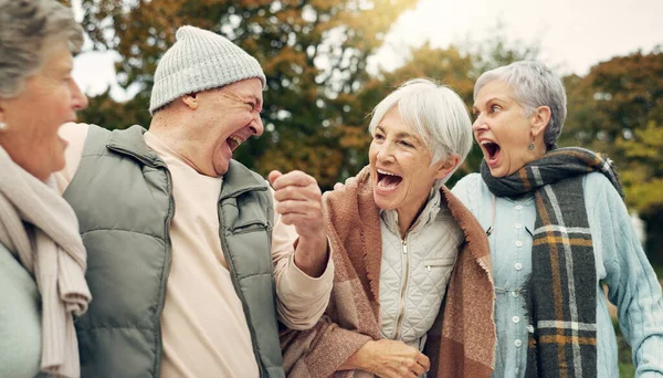 Friends, laughing and senior people in park for bonding, conversation and quality time together outdoors. Retirement, happy and elderly man and women in nature with funny joke, humor and happiness.