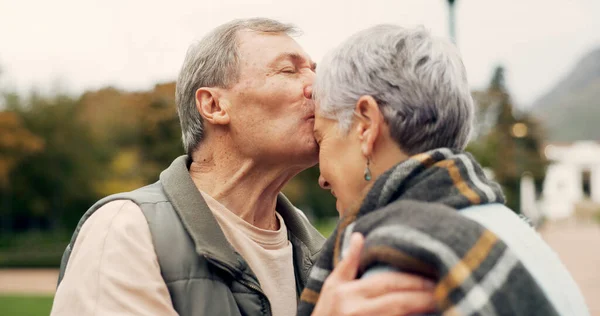 Kiss Forehead Senior Couple Park Love Happy Conversation Romantic Bonding Stock Picture