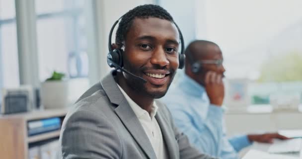 Comunicação Atendimento Cliente Cara Homem Negro Feliz Para Telemarketing Networking — Vídeo de Stock