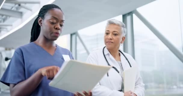 Documentos Trabalho Equipe Médico Enfermeiro Caminhando Lobby Hospital Mentor Discussão — Vídeo de Stock