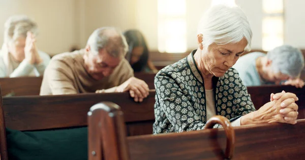 Gospel, prayer or old woman in church for God, holy spirit or catholic religion in cathedral or Christian community. Faith worship, bow or elderly person in chapel or sanctuary to praise Jesus Christ.