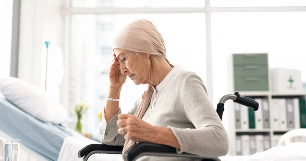 Depression, cancer and angry elderly woman at hospital in wheelchair frustrated after chemotherapy or treatment. Health, elderly care and lady patient with disability, sick or disease and Parkinson.