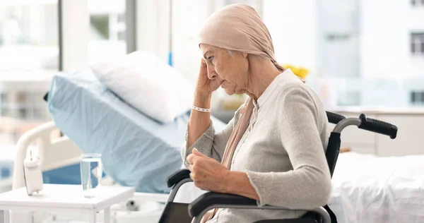 Cancer, Parkinson and angry elderly woman at hospital in wheelchair frustrated after chemotherapy or treatment. Health, elderly care and lady patient with disability, sick or disease and depression.