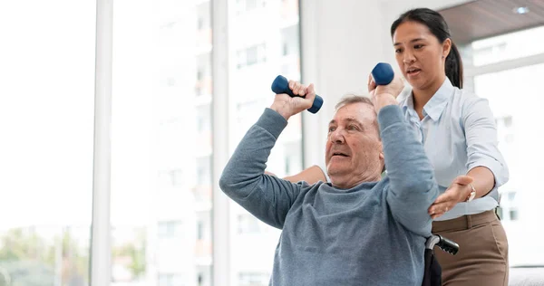 Man with disability, physiotherapy and dumbbell exercise for healthcare rehabilitation, consulting and physical therapy assessment. Clinic, physiotherapist and support of senior patient in wheelchair.