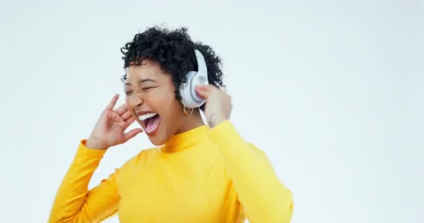 Happy Dance Woman Headphones White Background Happiness Energy Fun Sound — Stock Video