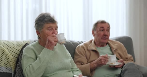 Starsza Para Przyjaciele Picie Herbaty Rozmawianie Kanapie Lub Relaks Razem — Wideo stockowe