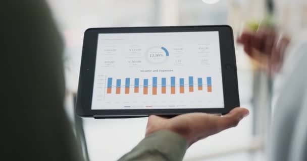 タブレット ビジネスの人々は 財務チャートと経費レポートの情報を持っています ファイナンス成長計画のための投資グラフ調査でオンラインでプロフェッショナル スクリーン 会計従業員 — ストック動画