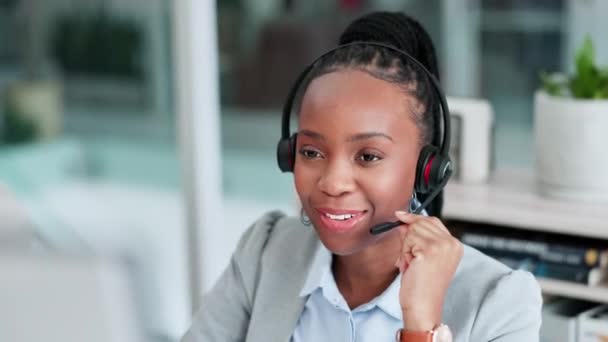 Gesicht Finanzberater Oder Schwarze Frau Einem Telemarketing Call Center Beratung — Stockvideo