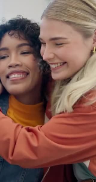 Couple Friends Hug Happy Women Sofa Bonding Affection Relax Lesbian — Stock Video