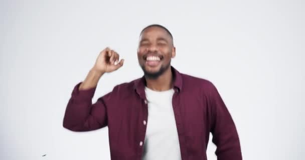 Baile Celebración Cara Hombre Negro Estudio Para Noticias Promo Sorteo — Vídeos de Stock