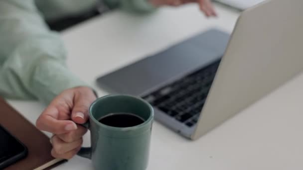 Café Bebida Mujer Negocios Escribiendo Ordenador Portátil Planificación Investigación Escritura — Vídeo de stock