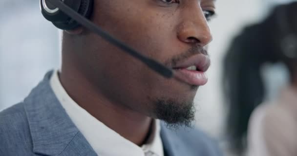 Черный Человек Call Центр Телефонный Звонок Рот Микрофон Связью Crm — стоковое видео