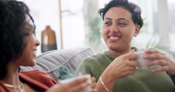 男女同性恋者 咖啡和在家里沙发上聊天的女人在一起谈情说爱 交往和放松 爱和快乐的人在客厅喝茶聊天 讨论和谈话 — 图库视频影像