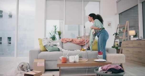 Limpieza Sala Estar Mujer Casa Con Trabajo Limpieza Mantenimiento Limpieza — Vídeo de stock